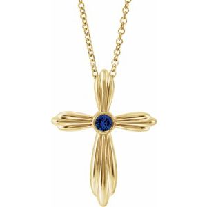 14K Yellow Lab-Grown Sapphire Cross 16-18″ Necklace