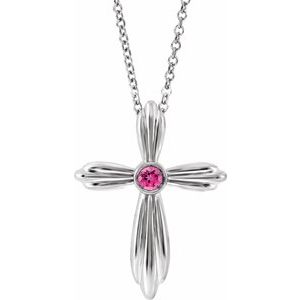 Platinum Natural Pink Tourmaline Cross 16-18″ Necklace