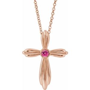 14K Rose Natural Pink Tourmaline Cross 16-18″ Necklace