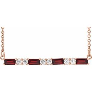 Natural Garnet And 1/6 Ctw Natural Diamond Bar Necklace