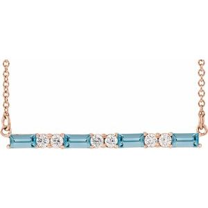 Natural Aquamarine And 1/6 Ctw Natural Diamond Bar Necklace