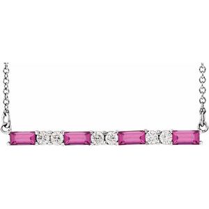 Platinum Natural Pink Tourmaline & 1/6 CTW Natural Diamond Bar 16-18″ Necklace