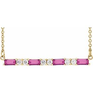 14K Yellow Natural Pink Tourmaline & 1/6 CTW Natural Diamond Bar 16-18″ Necklace