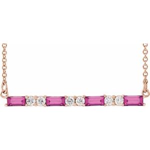 Natural Pink Tourmaline And 1/6 Ctw Natural Diamond Bar Necklace