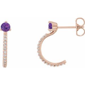 Natural Amethyst And 1/6 Ctw Natural Diamond J-Hoop Earrings