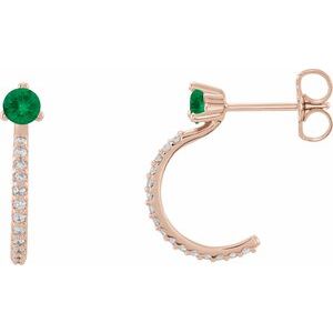 Lab-Grown Emerald And 1/6 Ctw Natural Diamond J-Hoop Earrings