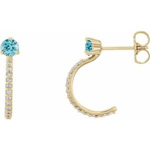 Natural Blue Zircon And 1/6 Ctw Natural Diamond J-Hoop Earrings