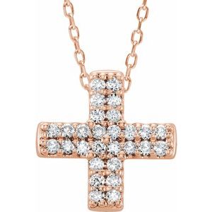 14K Rose .07 CTW Natural Diamond Cross 16-18″ Necklace