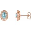 14K Rose 7×5 mm Natural Blue Zircon & 1/5 CTW Natural Diamond Halo-Style Earrings