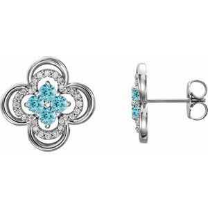 Natural Blue Zircon And 1/5 Ctw Natural Diamond Earrings