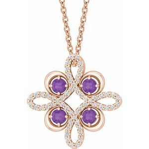 14K Rose Natural Amethyst & 1/6 CTW Natural Diamond Clover 18″ Necklace