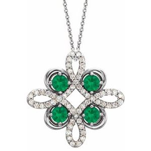 14K White Natural Emerald & 1/6 CTW Natural Diamond Clover 18″ Necklace