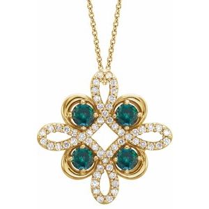 14K Yellow Natural Alexandrite & 1/6 CTW Natural Diamond Clover 18″ Necklace