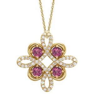 14K Yellow Natural Pink Tourmaline & 1/8 CTW Natural Diamond Clover 18″ Necklace