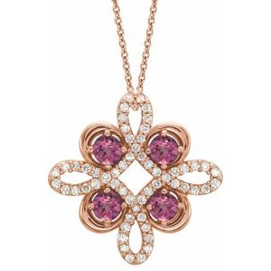 14K Rose Natural Pink Tourmaline & 1/8 CTW Natural Diamond Clover 18″ Necklace