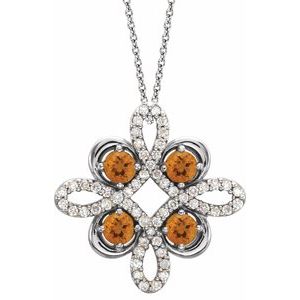 14K White Natural Citrine & 1/8 CTW Natural Diamond Clover 18″ Necklace