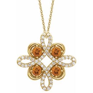 14K Yellow Natural Citrine & 1/8 CTW Natural Diamond Clover 18″ Necklace