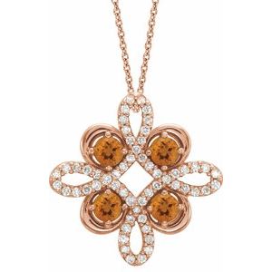 14K Rose Natural Citrine & 1/8 CTW Natural Diamond Clover 18″ Necklace