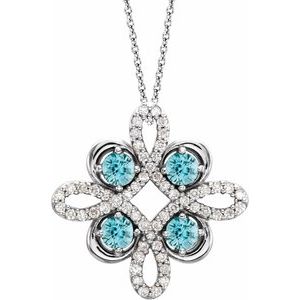 14K White Natural Blue Zircon & 1/8 CTW Natural Diamond Clover 18″ Necklace