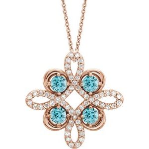 14K Rose Natural Blue Zircon & 1/8 CTW Natural Diamond Clover 18″ Necklace