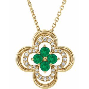 14K Yellow Lab-Grown Emerald & .08 CTW Natural Diamond Clover 18″ Necklace