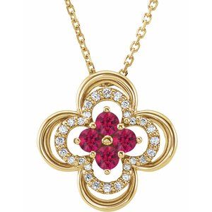 14K Yellow Lab-Grown Ruby & .08 CTW Natural Diamond Clover 18″ Necklace