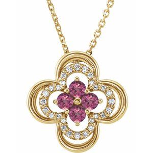 14K Yellow Natural Pink Tourmaline & .08 CTW Natural Diamond Clover 18″ Necklace