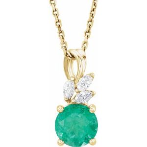 14K Yellow Lab-Grown Emerald & 1/10 CTW Natural Diamond 16-18″ Necklace