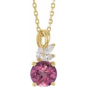 14K Yellow Natural Pink Tourmaline & 1/10 CTW Natural Diamond 16-18″ Necklace