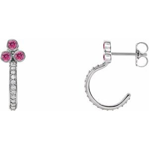 Natural Pink Tourmaline And 1/4 Ctw Natural Diamond J-Hoop Earrings