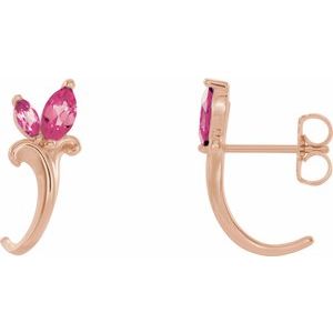 Natural Pink Tourmaline Floral-Inspired J-Hoop Earrings