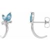 14K White Natural Aquamarine Floral J-Hoop Earrings