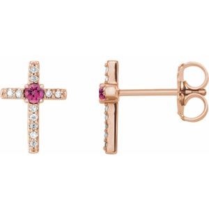 Natural Pink Tourmaline And .05 Ctw Natural Diamond Cross Earrings