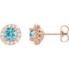 14K Rose 4 mm Natural Blue Zircon & 1/8 CTW Natural Diamond Earrings