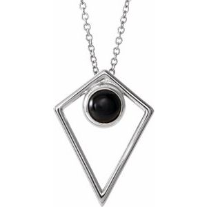 14K White Natural Black Onyx Cabochon Pyramid 24″ Necklace