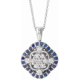 Platinum Natural Blue Sapphire & 1/3 CTW Natural Diamond Cluster 16-18″ Necklace