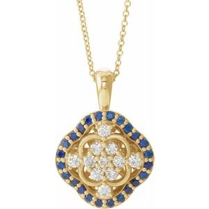 14K Yellow Natural Blue Sapphire & 1/3 CTW Natural Diamond Cluster 16-18″ Necklace