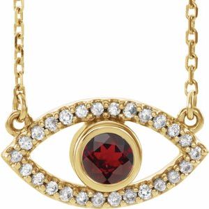 14K Yellow Natural Mozambique Garnet & Natural White Sapphire Evil Eye 18″ Necklace