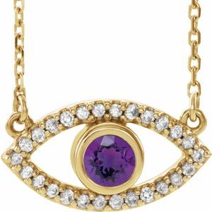 14K Yellow Natural Amethyst & Natural White Sapphire Evil Eye 18″ Necklace