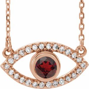 14K Rose Natural Mozambique Garnet & Natural White Sapphire Evil Eye 18″ Necklace