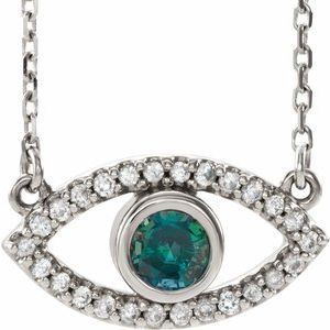 14K White Natural Alexandrite & Natural White Sapphire Evil Eye 18″ Necklace