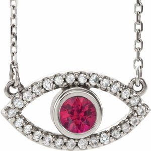 14K White Natural Ruby & Natural White Sapphire Evil Eye 18″ Necklace