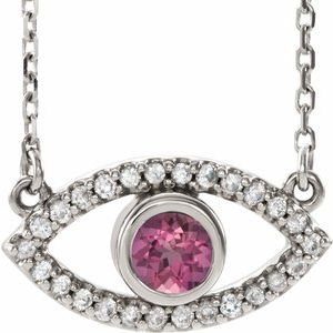 Sterling Silver Natural Pink Tourmaline & Natural White Sapphire Evil Eye 18″ Necklace