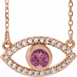 14K Rose Natural Pink Tourmaline & Natural White Sapphire Evil Eye 18″ Necklace