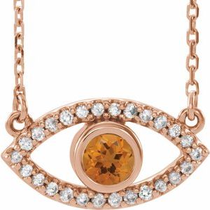 14K Rose Natural Citrine & Natural White Sapphire Evil Eye 18″ Necklace