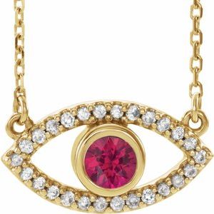 14K Yellow Natural Ruby & Natural White Sapphire Evil Eye 18″ Necklace