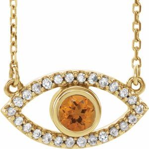 14K Yellow Natural Citrine & Natural White Sapphire Evil Eye 18″ Necklace