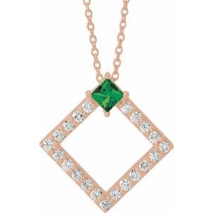 14K Rose Natural Emerald & 3/8 CTW Natural Diamond 16-18″ Necklace