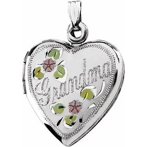 Sterling Silver Grandma Heart Locket with Enameled Flowers