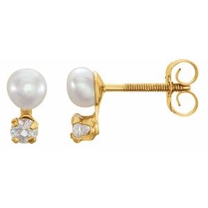 Youth Button Pearl And Cz Earrings